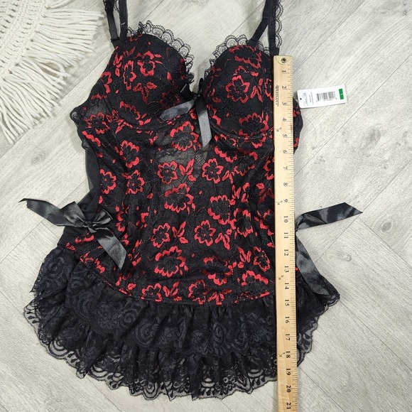 Nwts! Rene Rofe Women's Large Metalic Red & Black Lace Floral Lingerie With Bows - Picture 8 of 16